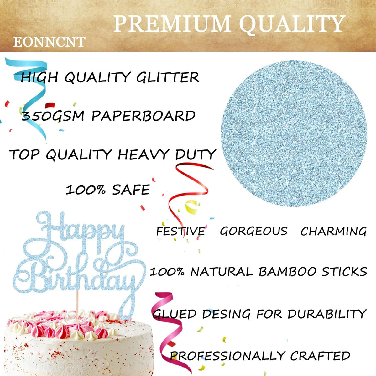 Happy Birthday Cake Topper - Light Blue Glitter Birthday Party Cake Decoration Supplies - Happy