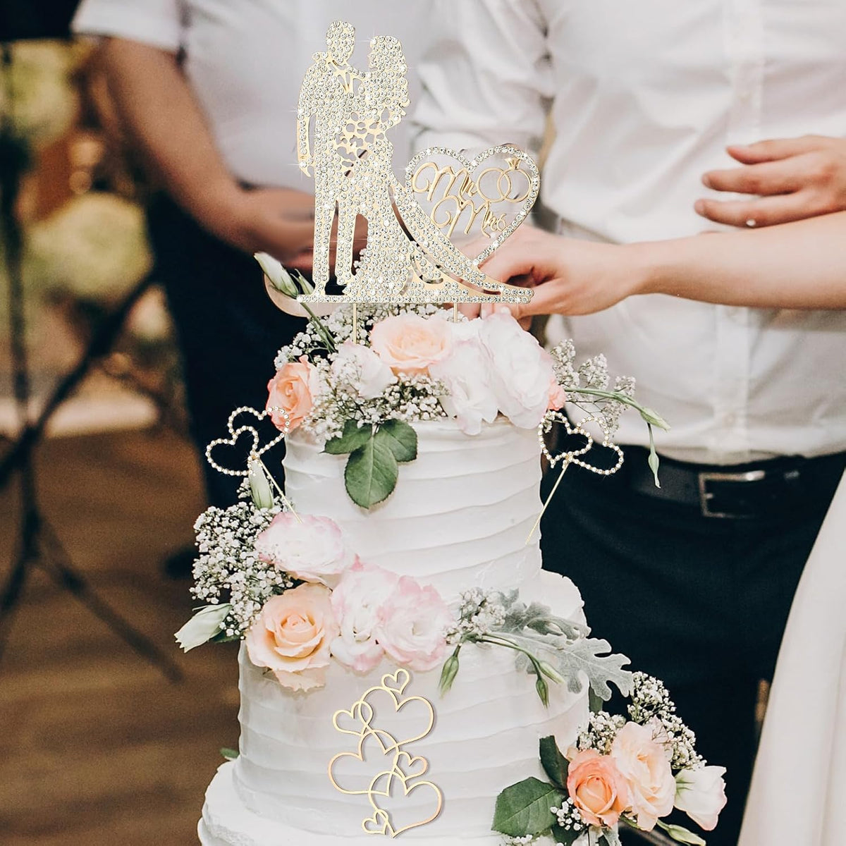 Spiareal 4 Pcs Wedding Cake Topper Mr and Mrs Rhinestone Bride and Groom Love Cake Topper Metal
