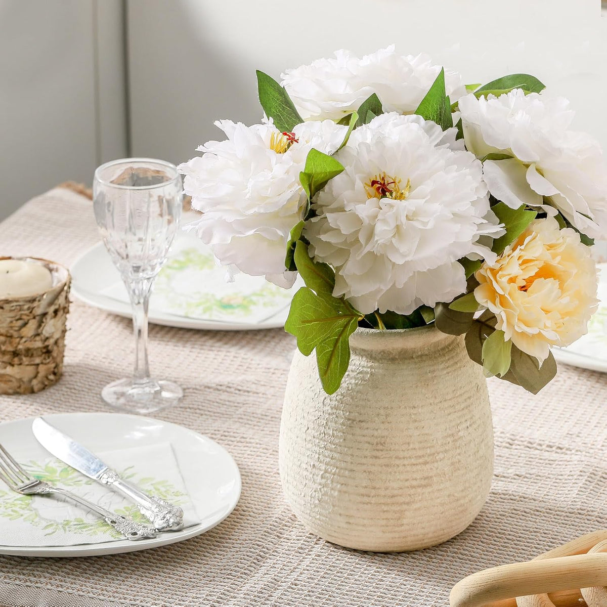 Ceramic Flower Vase, 7.48 Inch White Rustic Farmhouse Decorative Vase Pottery Wide-Mouth Vases for