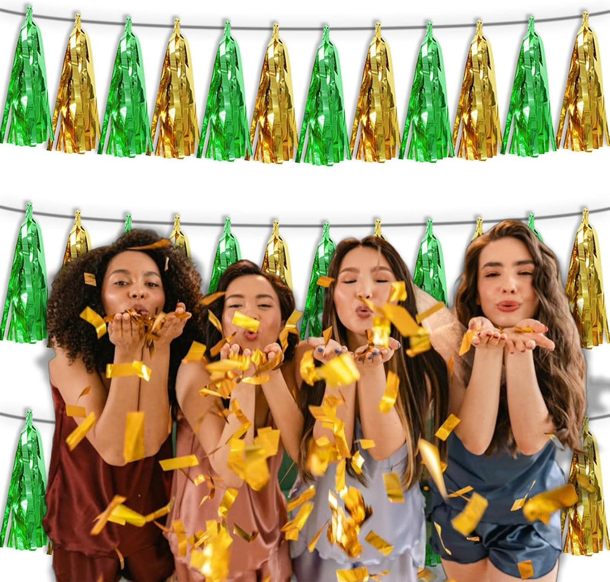 3P Sage-Green Gold Metallic Fringe Tassel Banner Garland Foil Tinsel Streamer Wall Hanging Curtain
