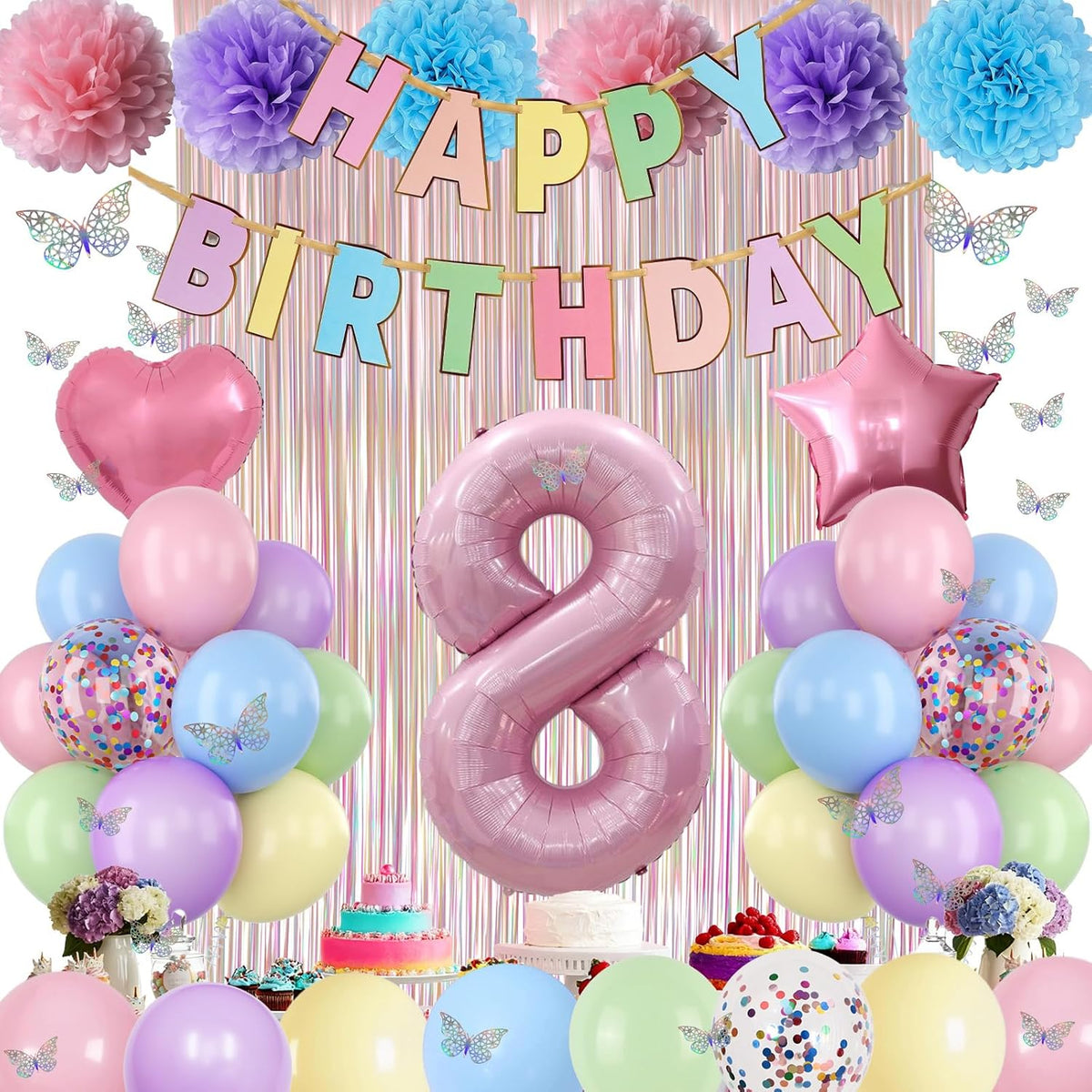 Pastel 8th Birthday Party Decorations for Girls Number 8 Balloon Happy Birthday Banner Butterfly