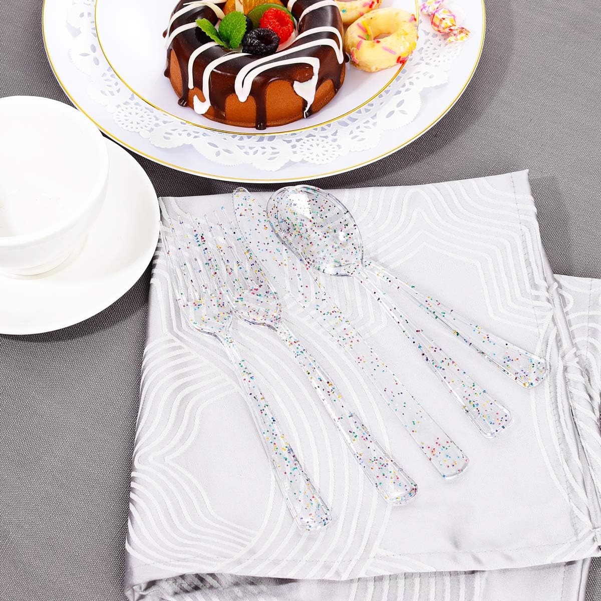 Supernal 360pcs Clear Plastic Silverware, Glitter Disposable Cutlery with Colorful Design,120
