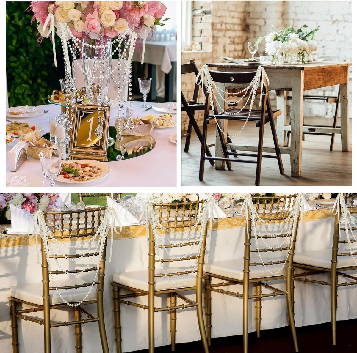 32 Pcs Wedding Pearl Bow Chair Decor Satin Ribbon Bows with Pearl Beaded String Garland Aisle Chair