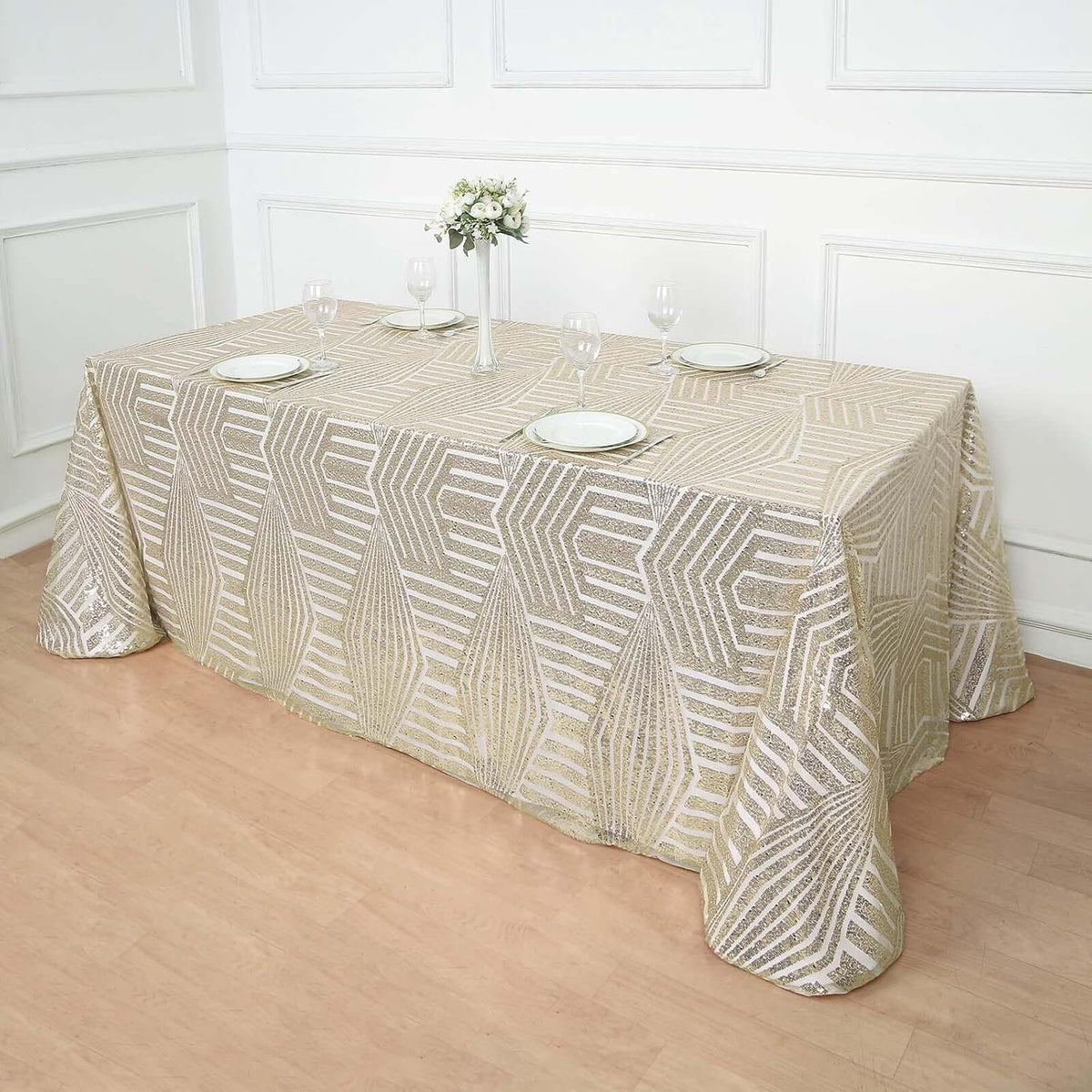 Efavormart 90"X132" Champagne Sparkly Sequin Geometric Tulle Rectangular Tablecloth