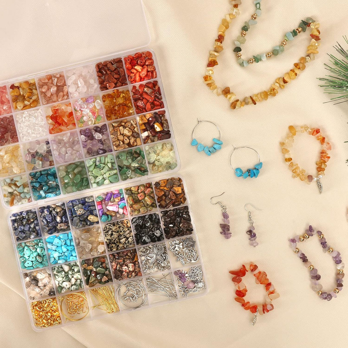 QUEFE 720pcs Crystal Chips Beads Ring Making Kit, 40 Colors Crystal Chips and Gemstone Beads for