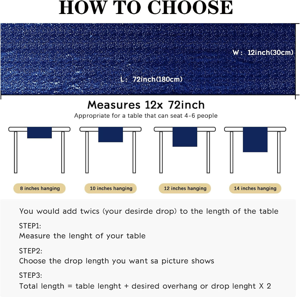 2 Packs 12 x 72 inches Sequin Table Runner, Navy Blue Glitter Table Runner for Birthday Party