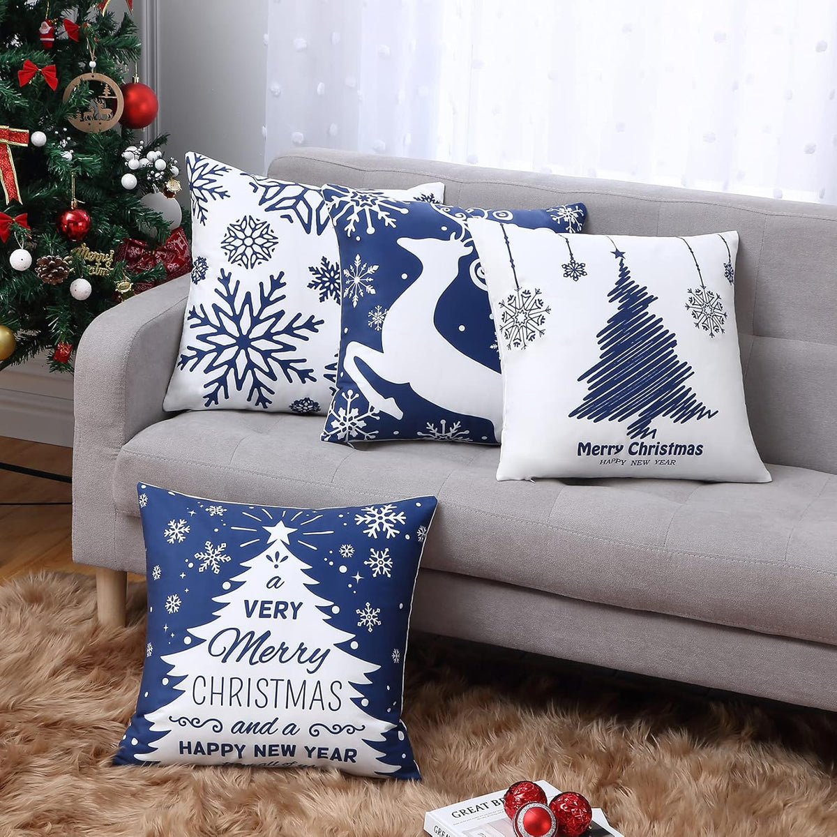 NANAN Christmas Pillow Covers 18X18 Inch Set of 4 Navy Blue Christmas Pillow Cases Snowflake Merry