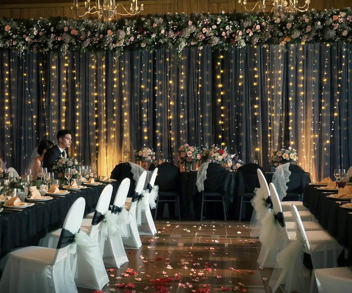 Black Tulle Backdrop Curtain with Lights String for Parites 20ft×10ft Black Sheer Backdrop Curtains