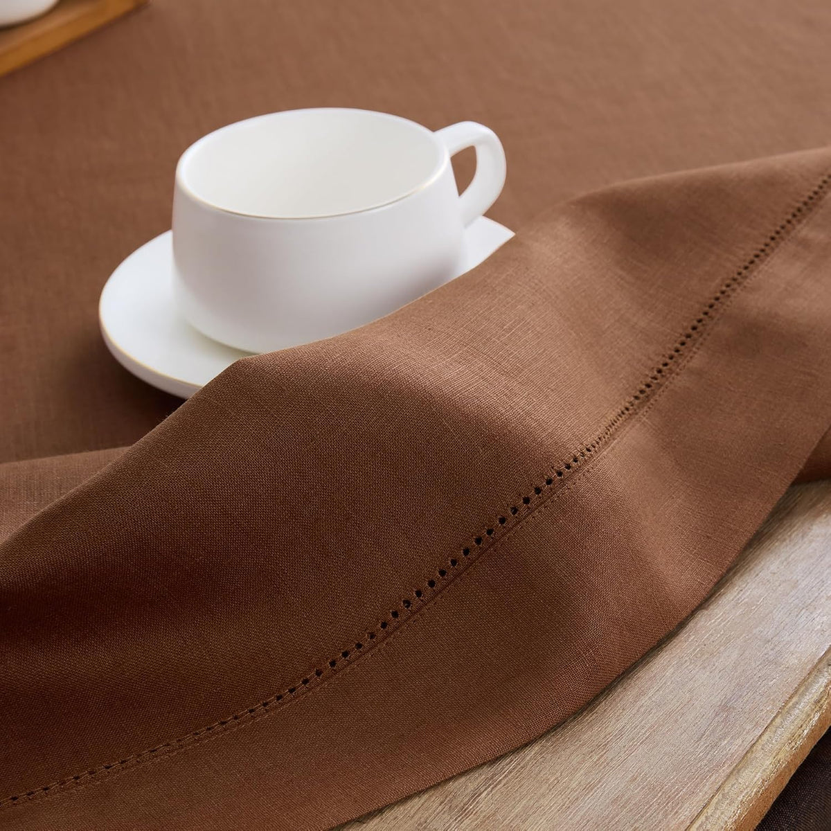Solino Home Linen Tablecloth 60 x 108 Inch - Classic Hemstitch 100% Pure Linen Brown Table Cloth