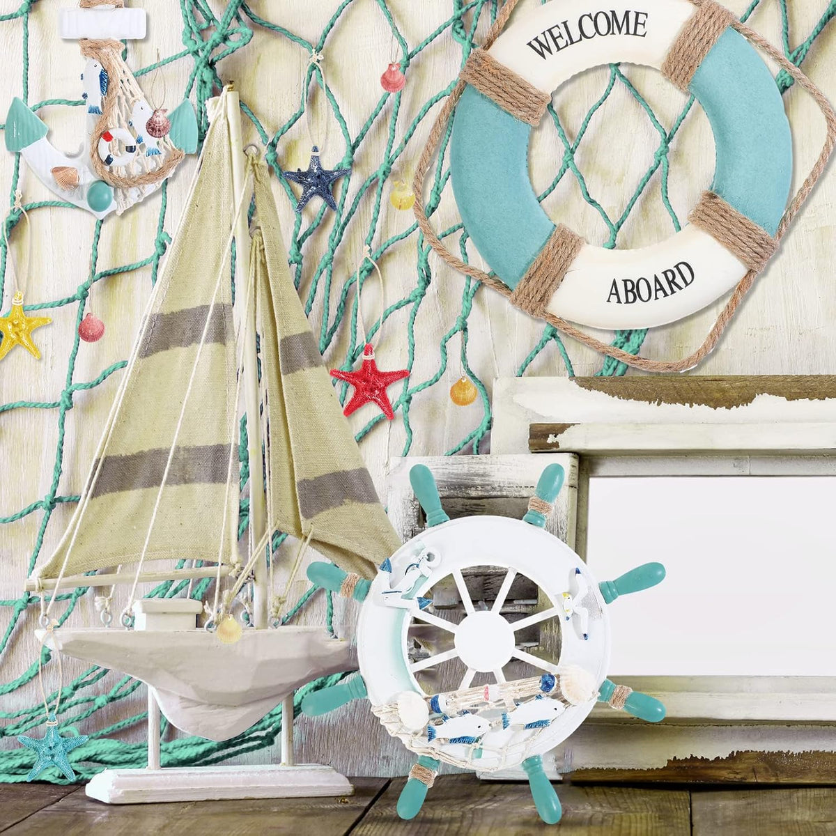 Marsui 11 Pcs Wooden Nautical Wall Decor Fishing Net Decorations, Include Decorative Fishing Net