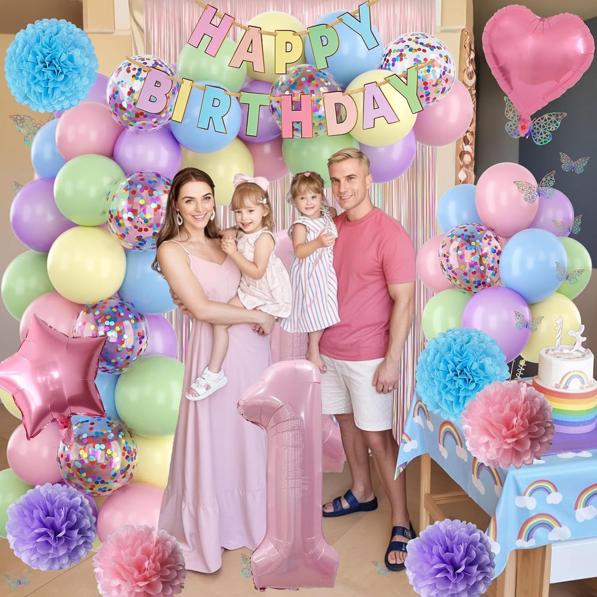 Pastel 1st Birthday Party Decorations for Girls Number 1 Balloon Happy Birthday Banner Butterfly