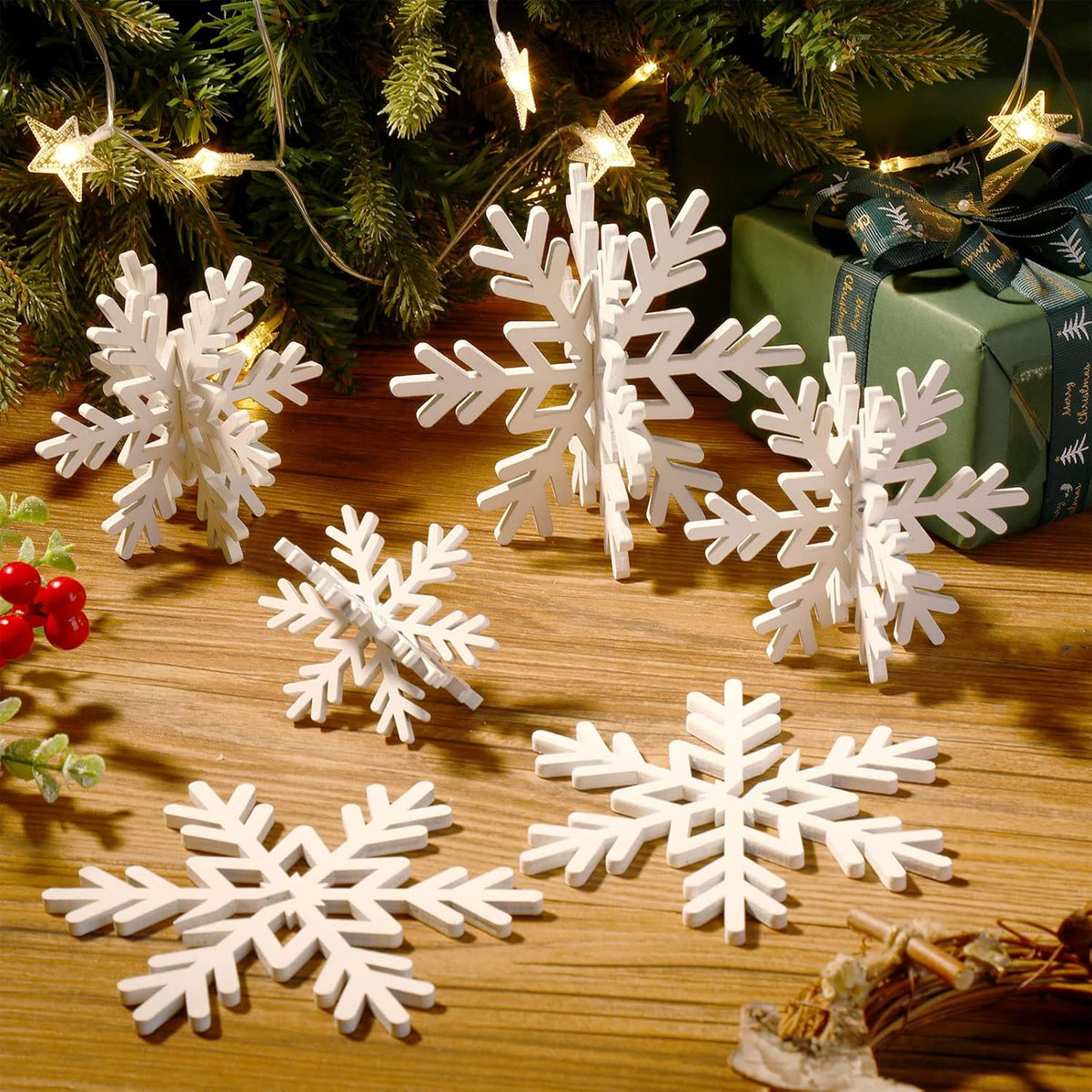 Bucherry 12 Pcs Wooden Snowflake Table Decor 3D Snowflake Tabletop Signs and Centerpiece for