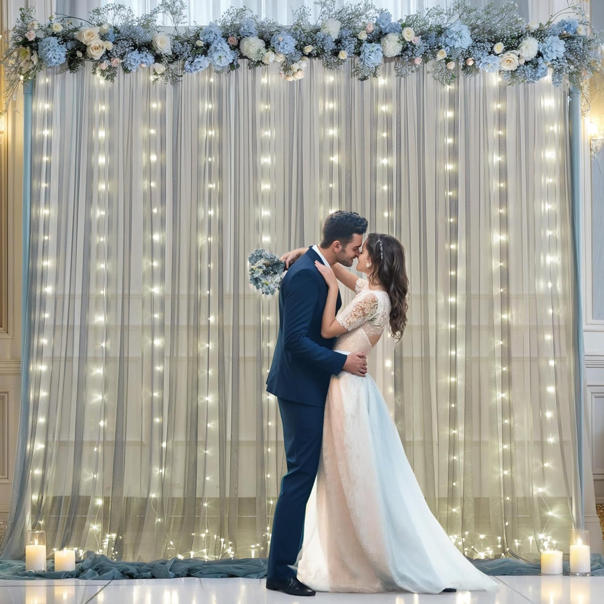 Silver Grey Tulle Backdrop Curtain with Lights String for Parites 10x8ft Sheer Backdrop Curtains