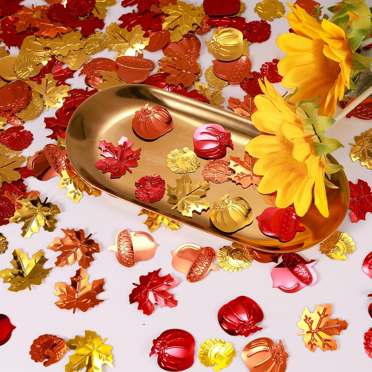 200 Pieces Fall Confetti, Thanksgiving Maple Leaves, Turkey, Pumpkin, Acorn Sprinkles Foil Metallic