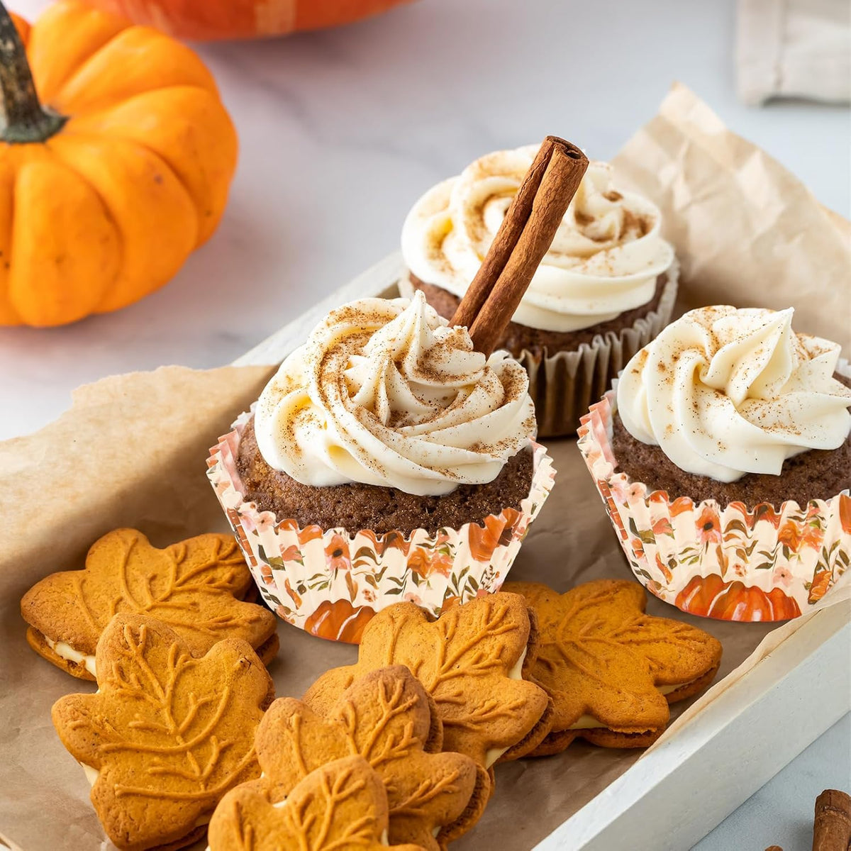 Whaline 300Pcs Fall Cupcake Liners Watercolor Pumpkin Flower Paper Baking Cups Autumn Floral Muffin