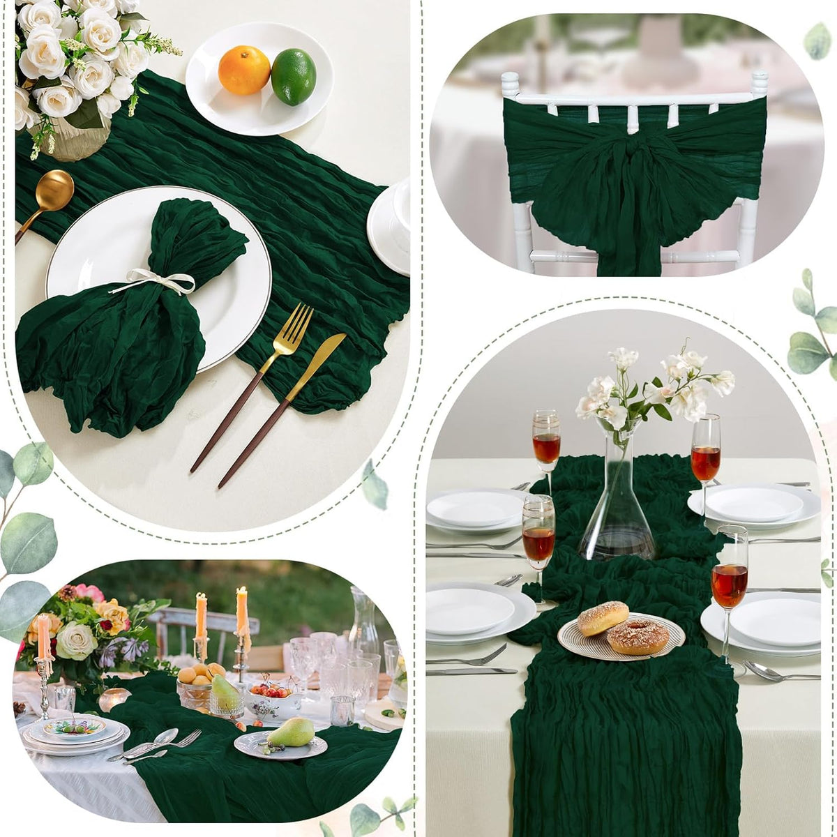 6 Pack Emerald Green Cheesecloth Table Runner 10FT Long Boho Gauze Table Runner Rustic Sheer Runner