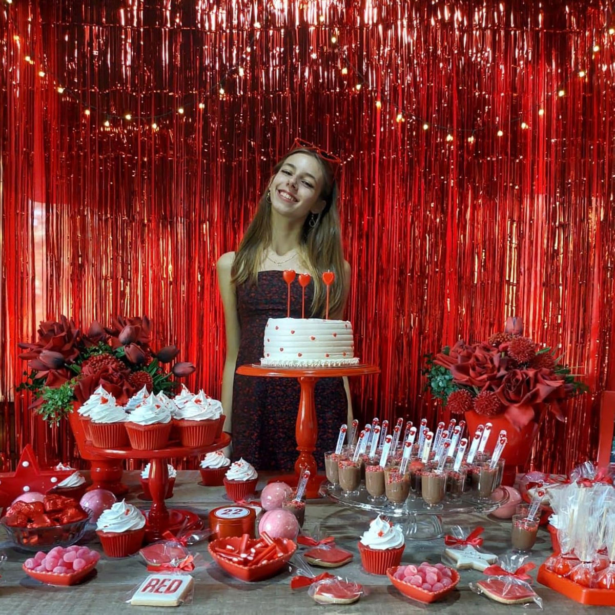 CANREVEL 2 Pack 3.3x8.2 Feet Red Foil Fringe Backdrop Curtains, Tinsel Streamers Birthday Party