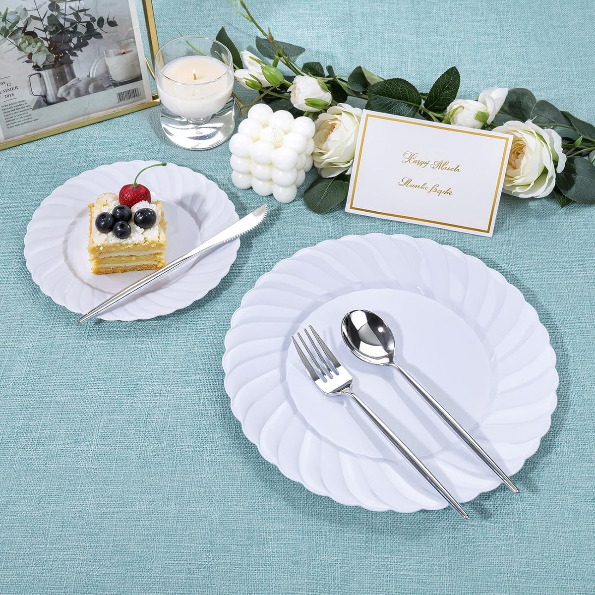 U-QE 60 Pcs White Plastic Plates for Party – Scalloped Plastic Plates Heavy Duty & Elegant