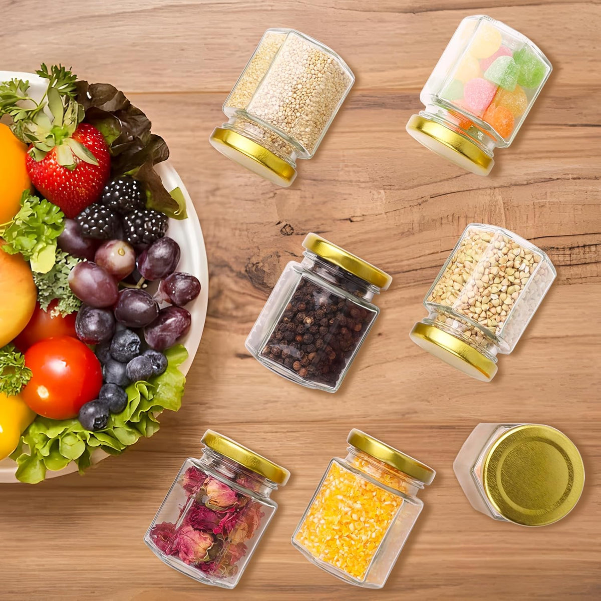 Small Glass Honey Jars with Lids 3oz,40 pack Airtight Glass Canning Jars with Gold Lids,Hexagon