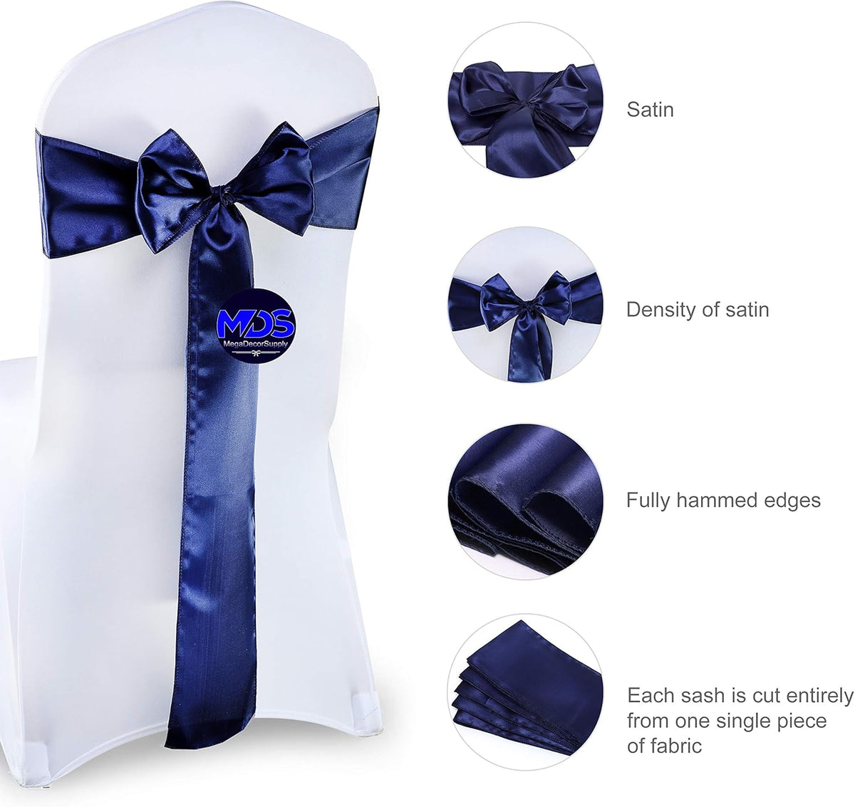 MDS Pack of 75 PCS Satin Chair Sashes Charmeuse Sateen Dining Chair Bows Ribbon Ties Back Sash for