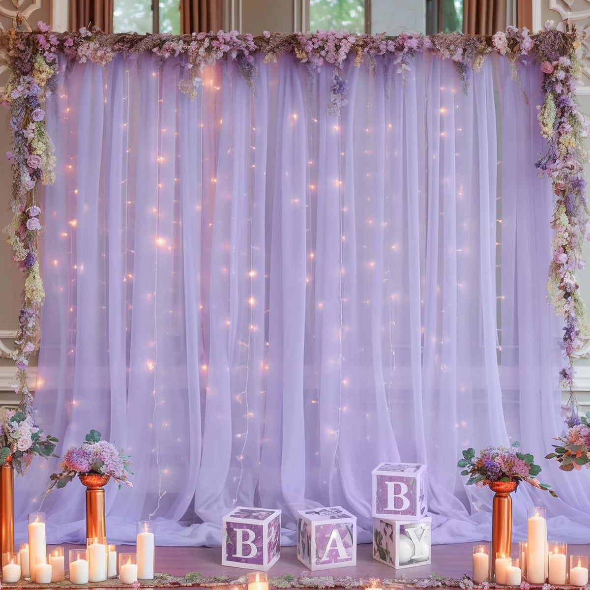 10x10ft Purple Tulle Backdrop Curtain with Lights String for Parites, Sheer Photo Backdrop Curtains