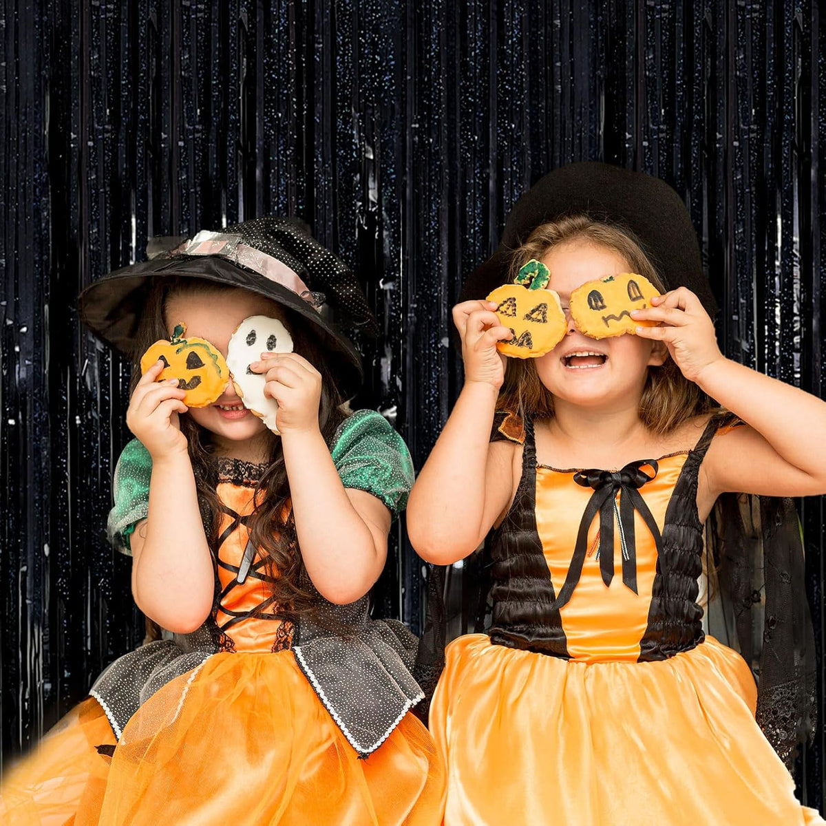 2 Pack Black Foil Fringe Curtain Backdrop Black Streamers Tinsel Backdrop Halloween Party Decor