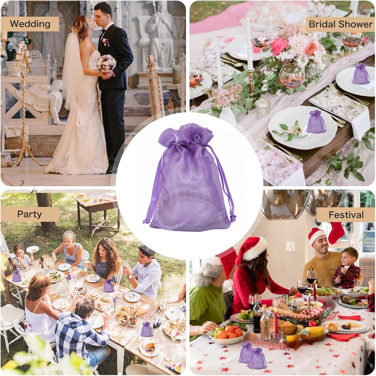 QIANF 20 Pcs Purple Organza Bags 6X9 inch for Wedding Favors with Drawstring, Large Mesh Gift Bags