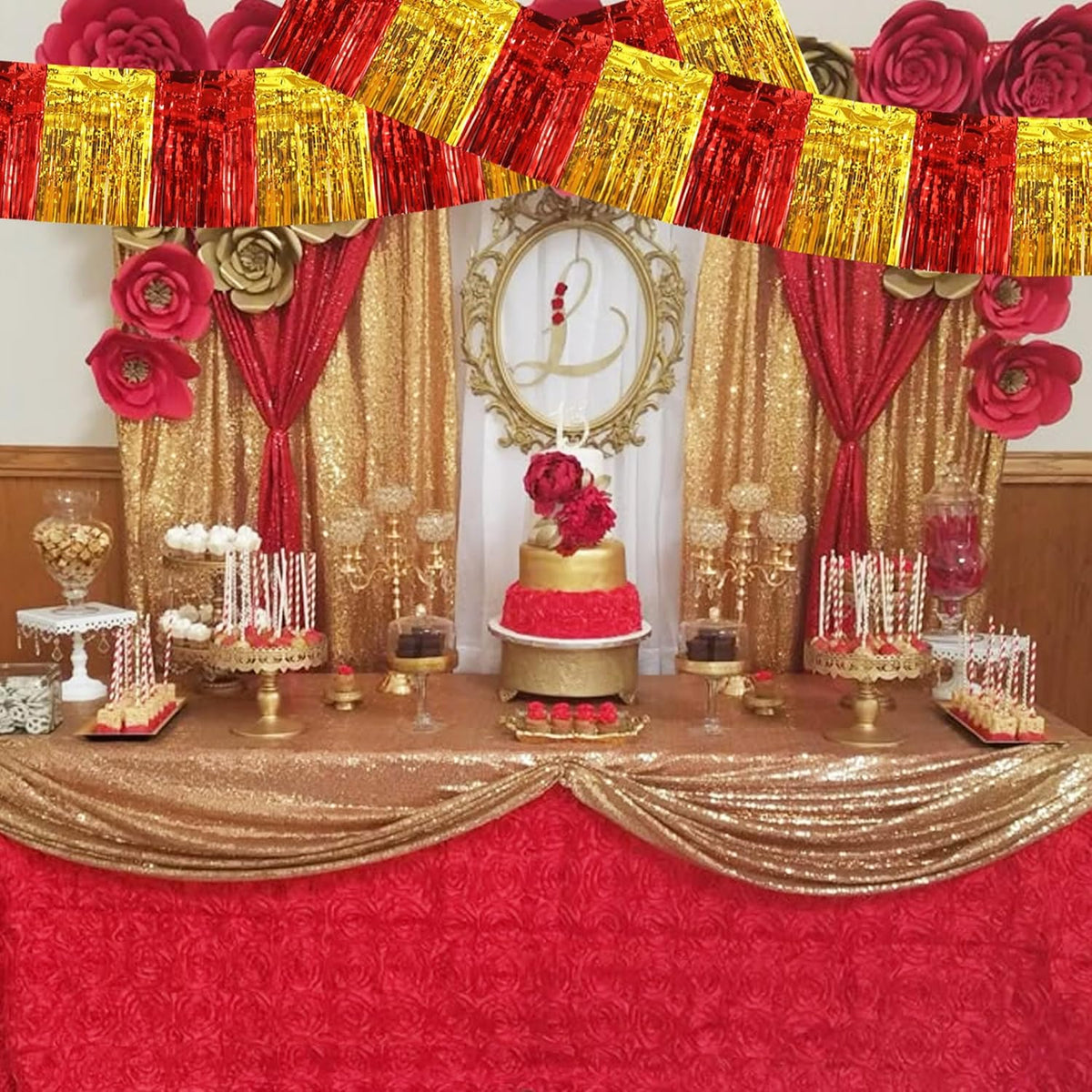 BEISHIDA 3 Packs Metallic Foil Fringe Garland Red Gold Wall Hanging Tinsel Fringe Banners for Car