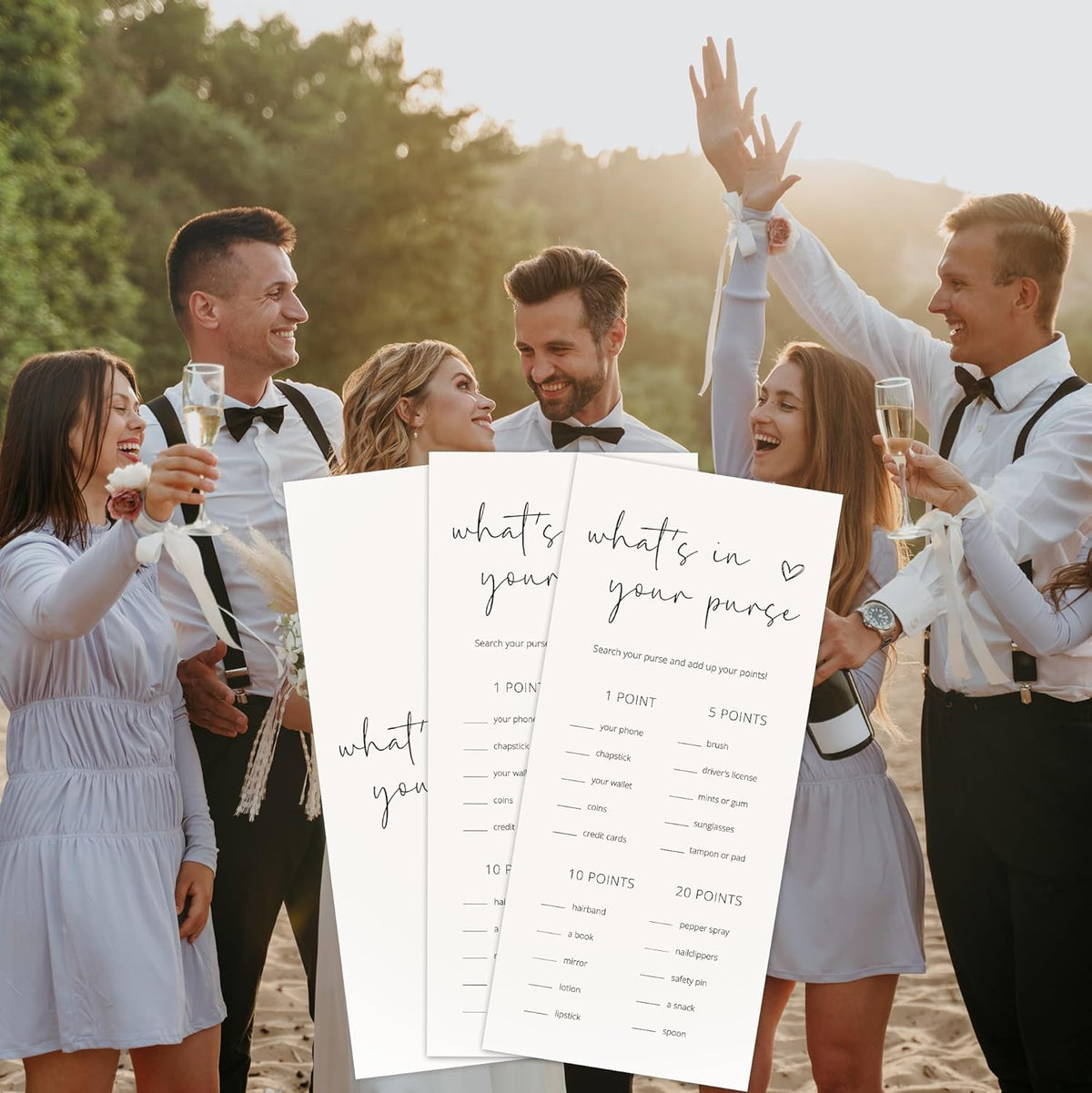 Bridal Shower Games, What's in Your Purse, 25Pcs 4x9inch Minimalist White Double-Sided Bridal Game