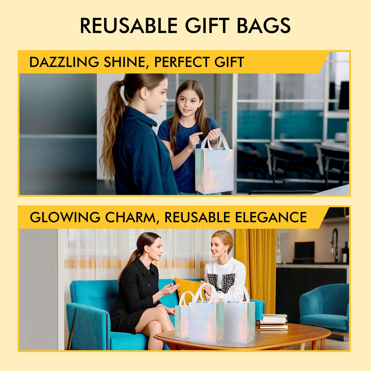 RACETOP 15 Pcs Iridescent Glossy Gift Bags Medium Size, 8x4x10 Inch Holographic Reusable Gift Bags