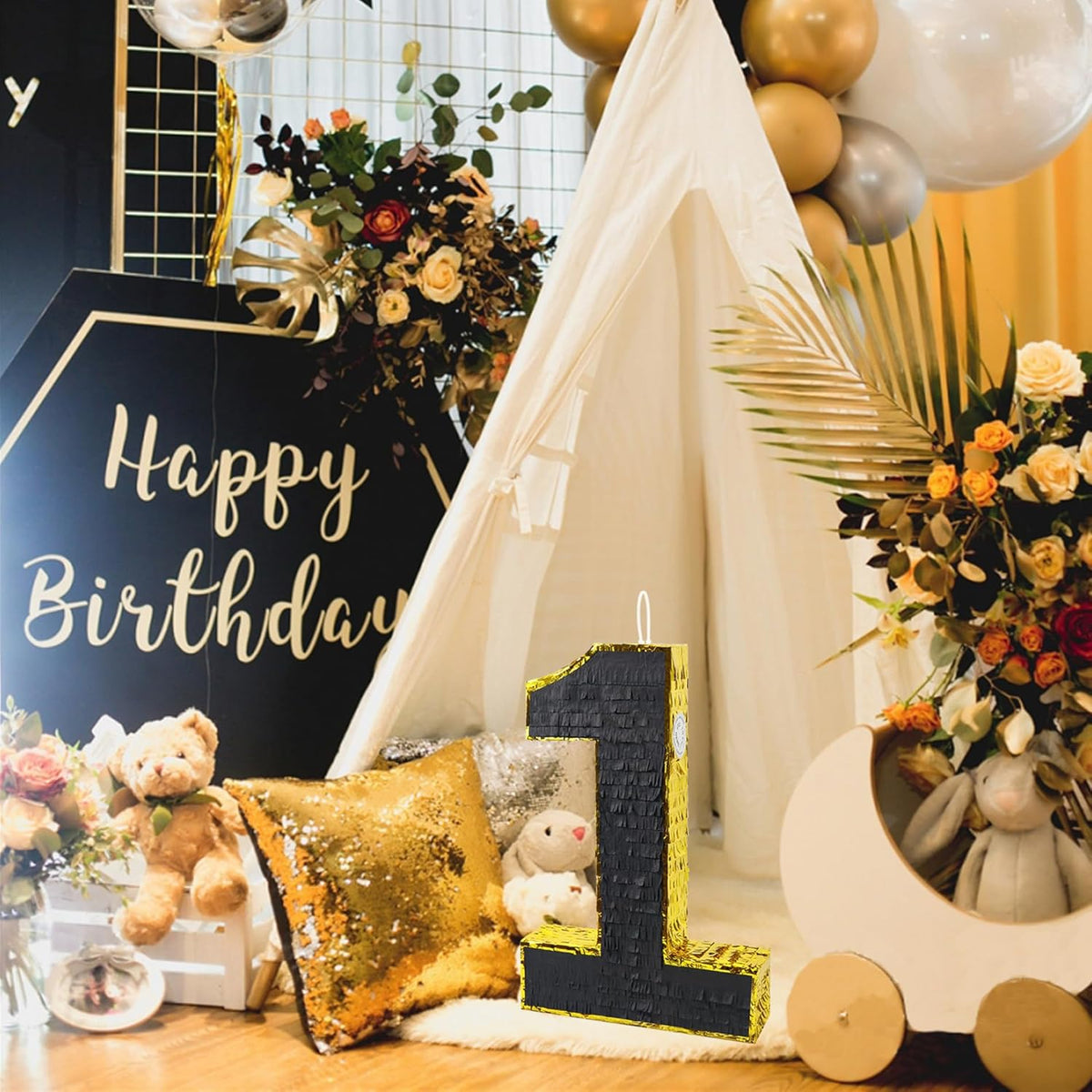 PCFING 20 Inch Number 1 Piñata Gold Black with 30 Inch Piñata Stick Blindfold Confetti for Man