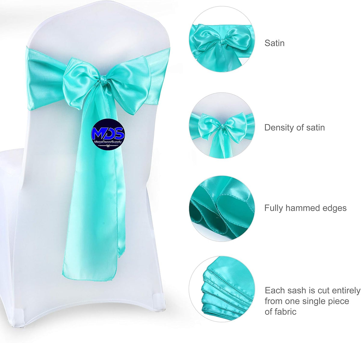 MDS Pack of 300 PCS Satin Chair Sashes Charmeuse Sateen Dining Chair Bows Ribbon Ties Back Sash for