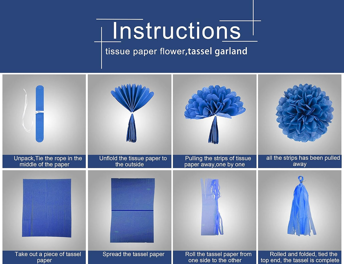 Teal Silver White Navy-Blue Party-Decorations - 30pcs Tissue Paper Flowers Pom Poms Tassel Garland