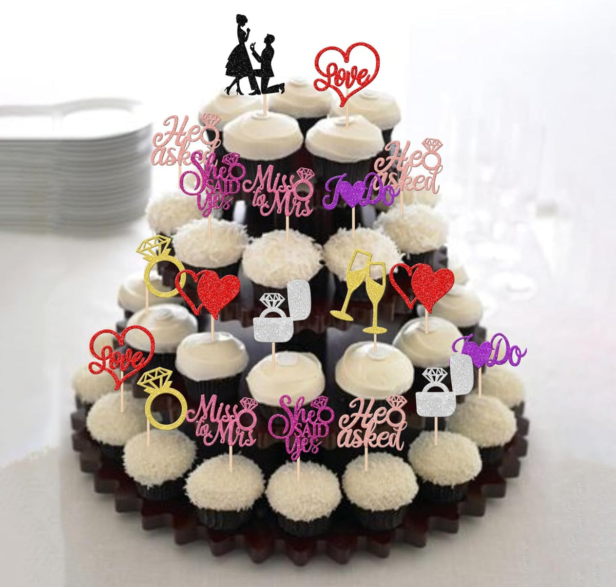 30 PCS Bride to Be Cupcake Toppers Glitter Miss to Mrs I Do Love Heart Ring Cupcake Picks Wedding