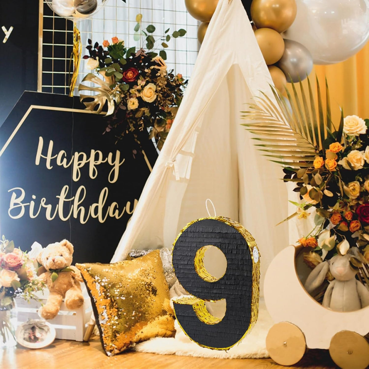 PCFING 20 Inch Number 9 Piñata Gold Black with 30 Inch Piñata Stick Blindfold Confetti for Man