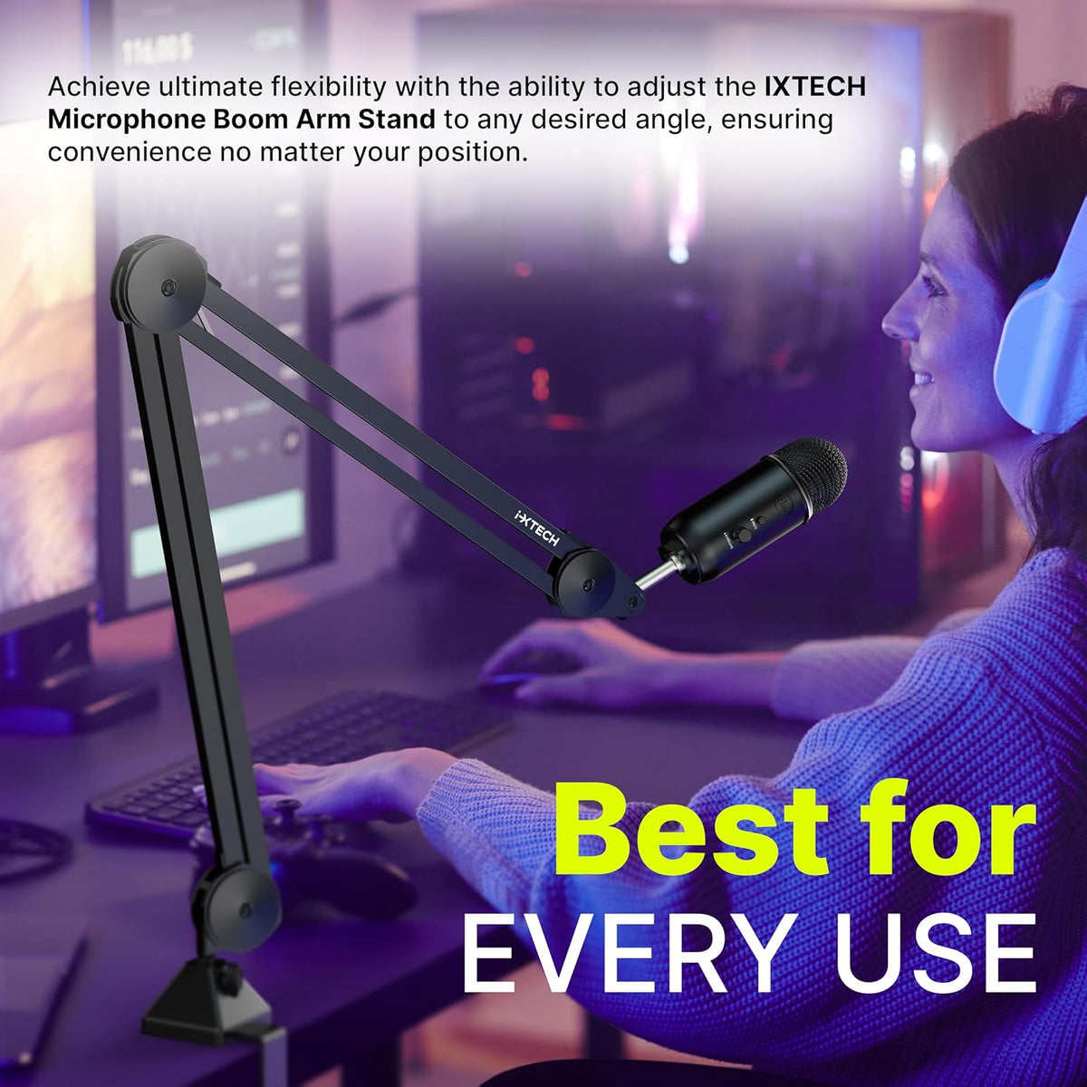 IXTECH Microphone Boom Arm Stand, Heavy Duty Adjustable Mic Stand with Cable Ties, Desk Mount Arm