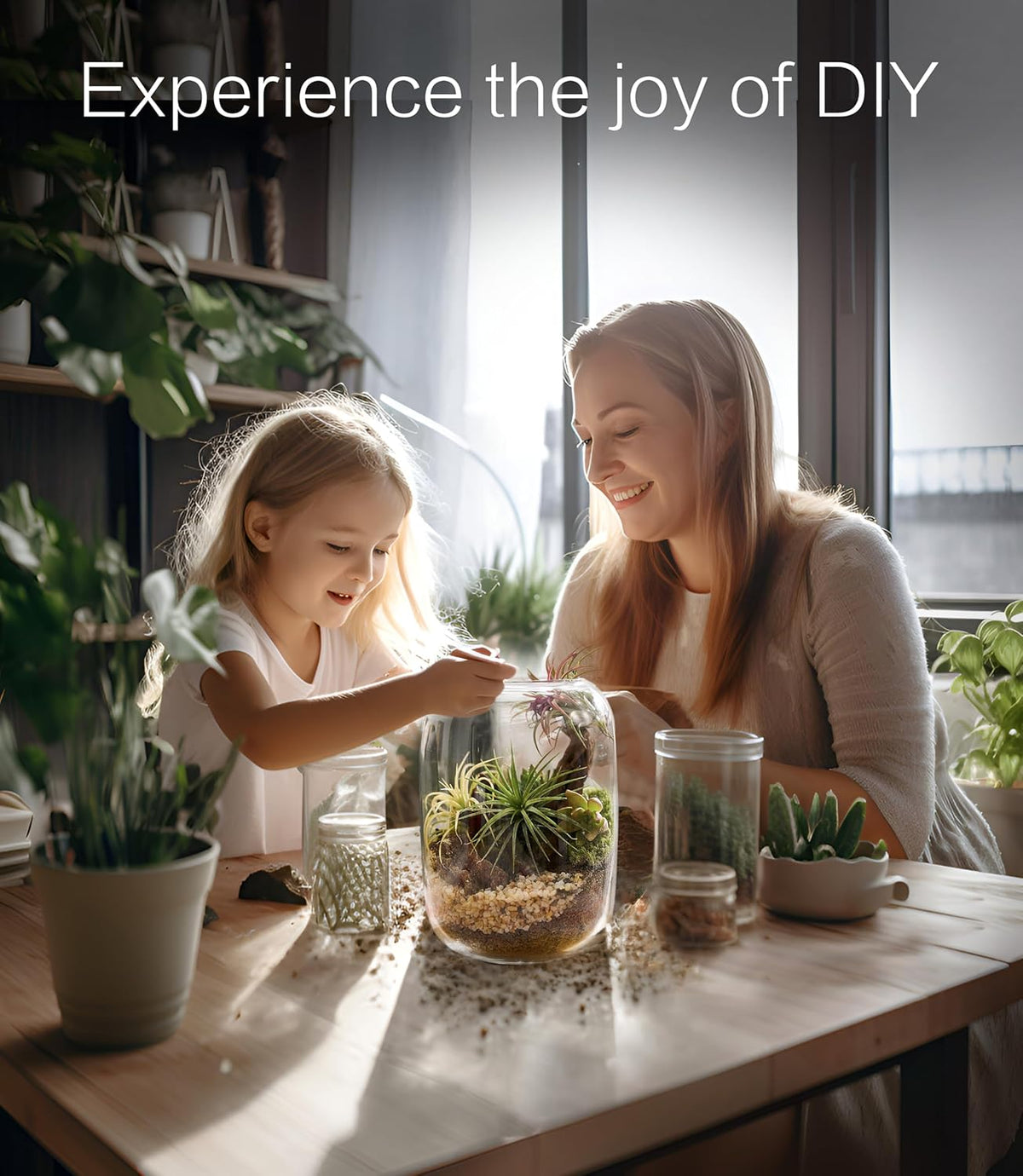 Terrarium Kit with Grow Light, Succulent Plants, Mini Gardening Set - Includes Jar, Tools, Moss