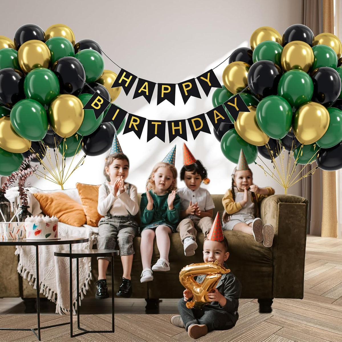 60pcs Green and Black balloons 12inch with Dark Green Metallic Gold Balloons for Jungle Safari