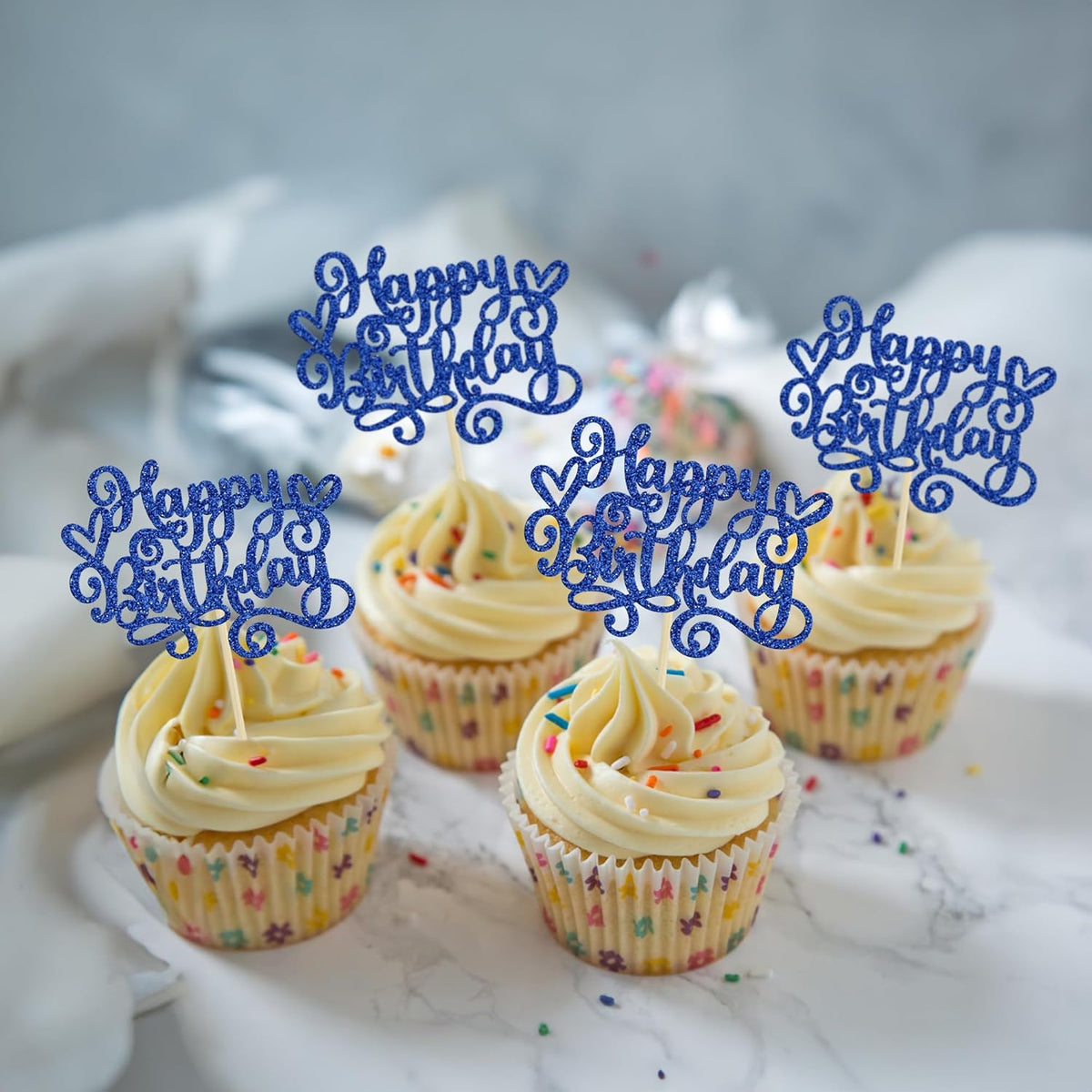 Gyufise 24Pcs Happy Birthday Cupcake Toppers Glitter Happy Birthday Cupcake Picks for Celebrating