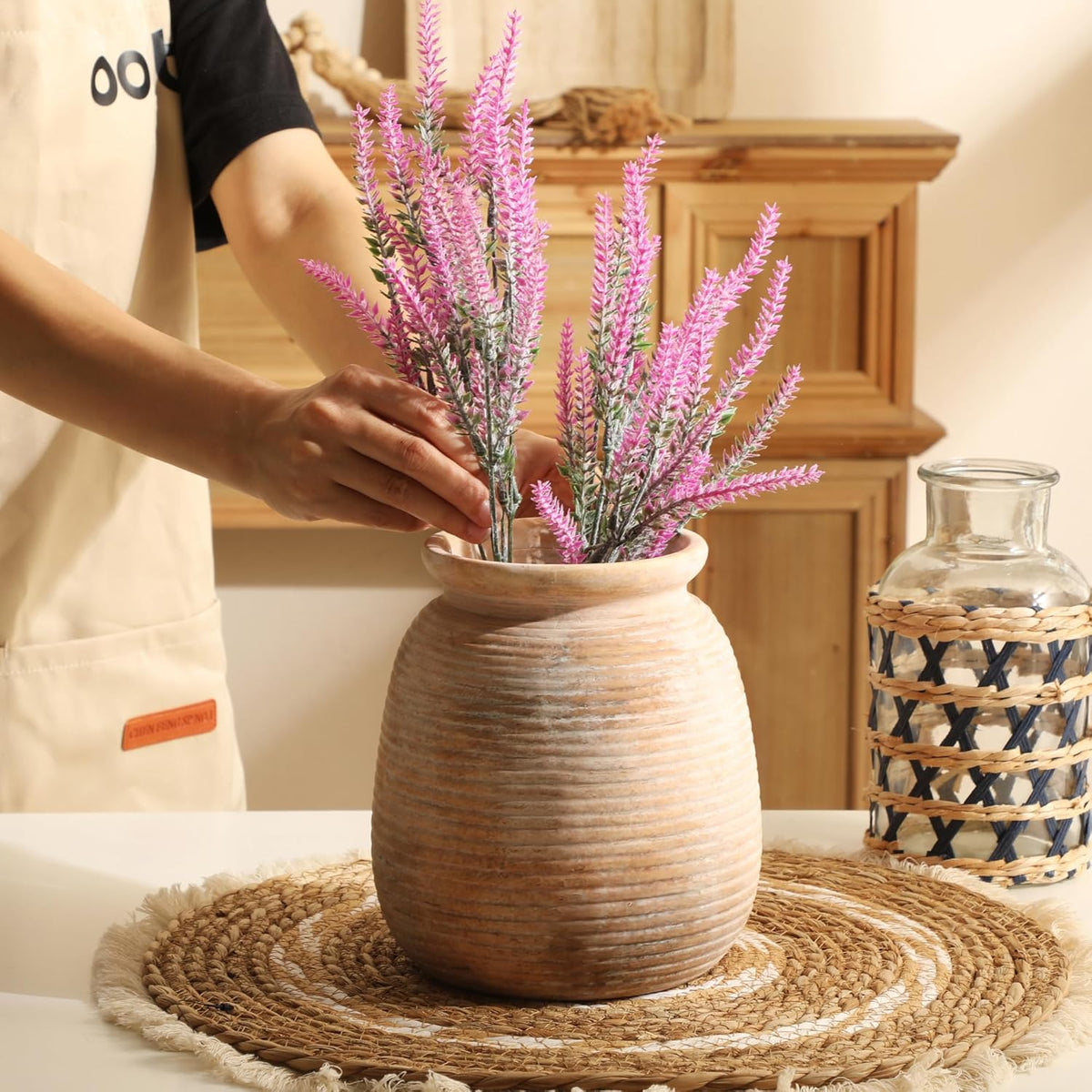 Ceramic Flowers Rustic Vase, Neutral Pottery Farmhouse Vases Home Decor, 7.48" Terracotta Pampas