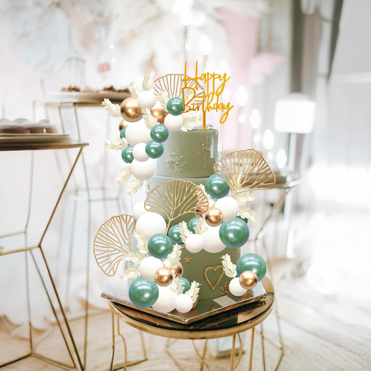 Gyufise 57Pcs Balls Cake Topper Boho Grass Cake topper Pearl Balls Acrylic Happy Birthday Cake