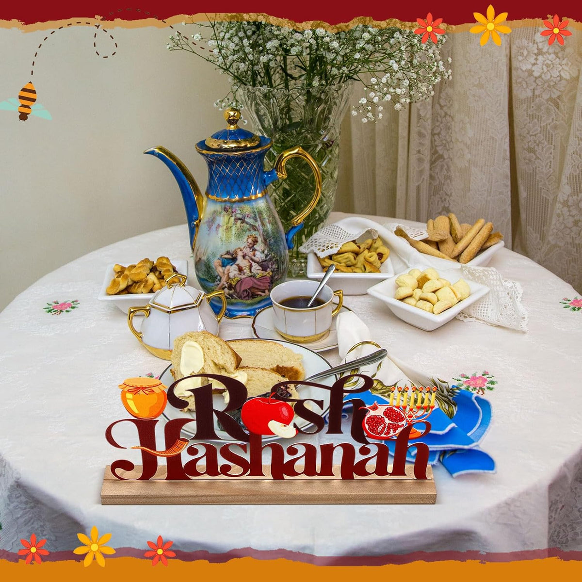 Rosh Hashanah Metal Sign Jewish New Year Table Centerpiece Tiered Tray Decor with Wooden Base Apple