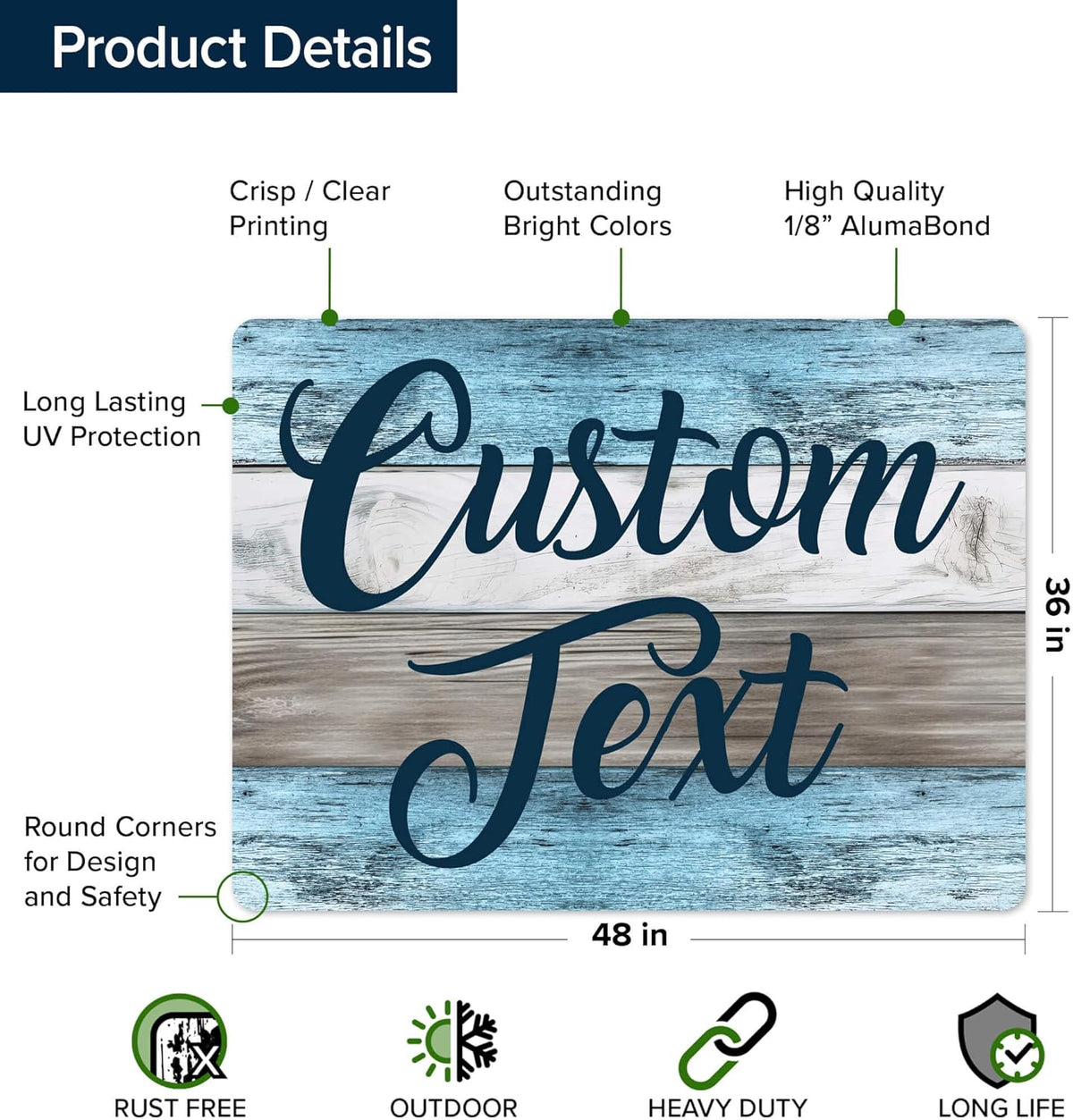 Custom Sign, Custom Street Sign, 11 Font Colors, 13 Font Styles, 4 Hole Options, 22 Sizes, 36x48
