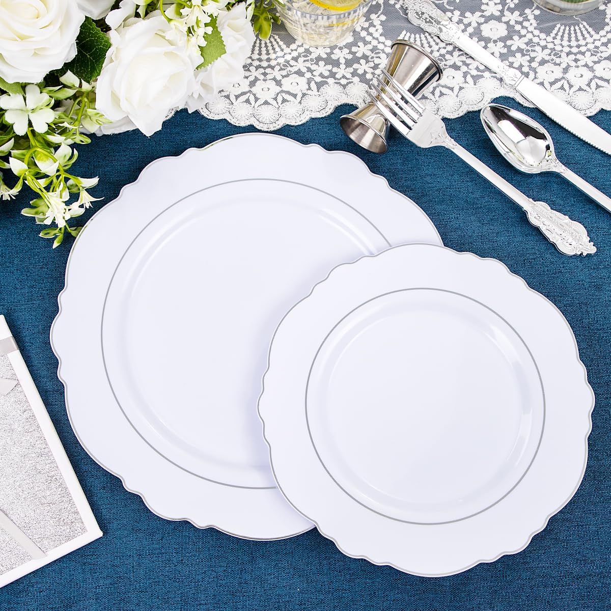 Liacere 350PCS Silver Plastic Plates-Disposable White and Silver Plates 50guest Baroque Plastic