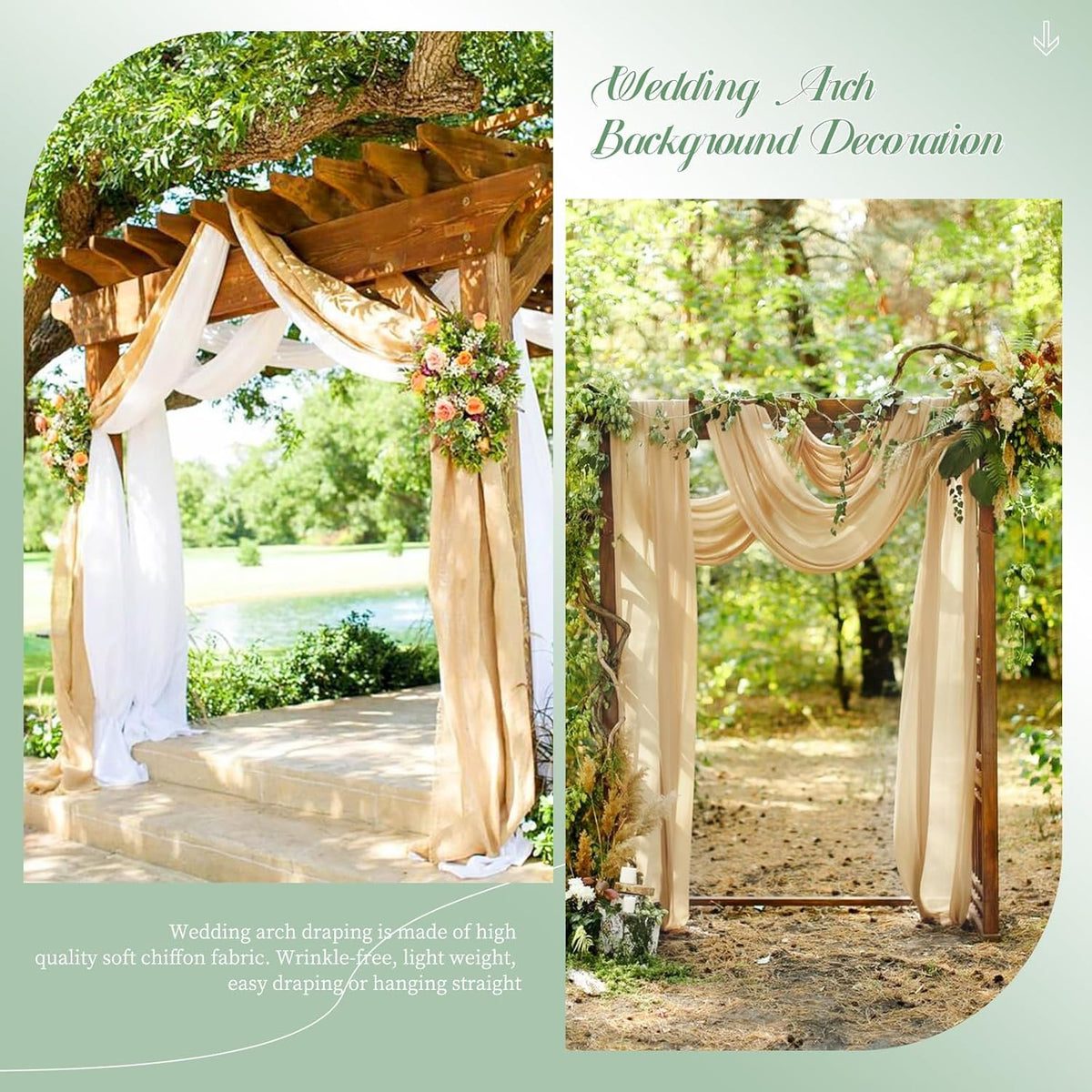 Wedding Arch Draping Fabric, 8 Panels 28" x 20ft Champagne Sheer Chiffon Curtain Drapes for Wedding
