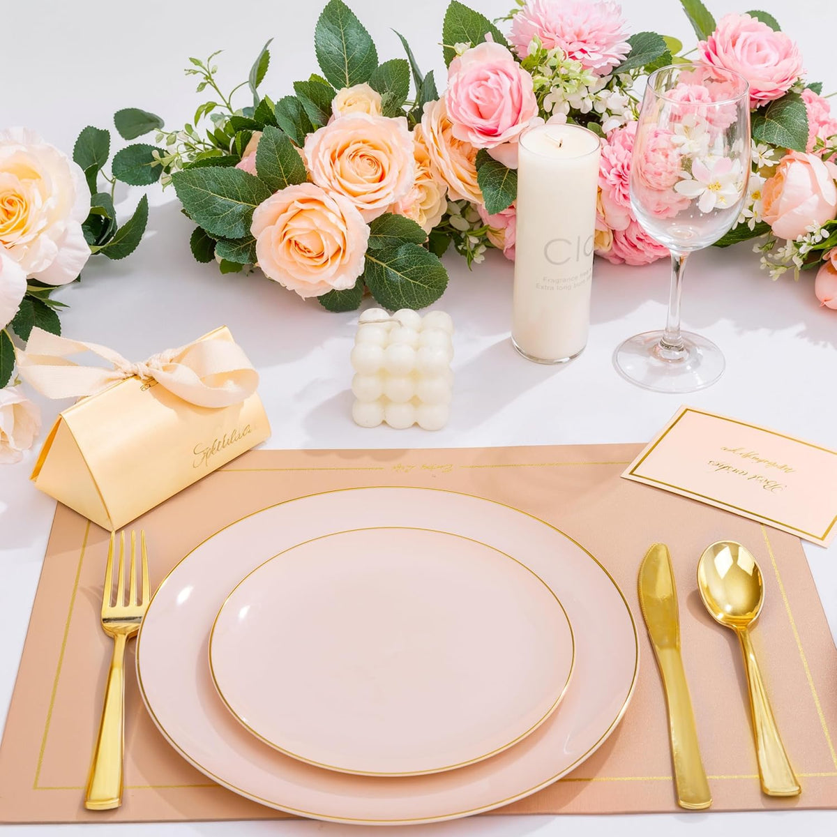 KIRE 175PCS Pink Plates Disposable - Heavy Duty Pink and Gold Plastic Plates Dinnerware Sets - 25