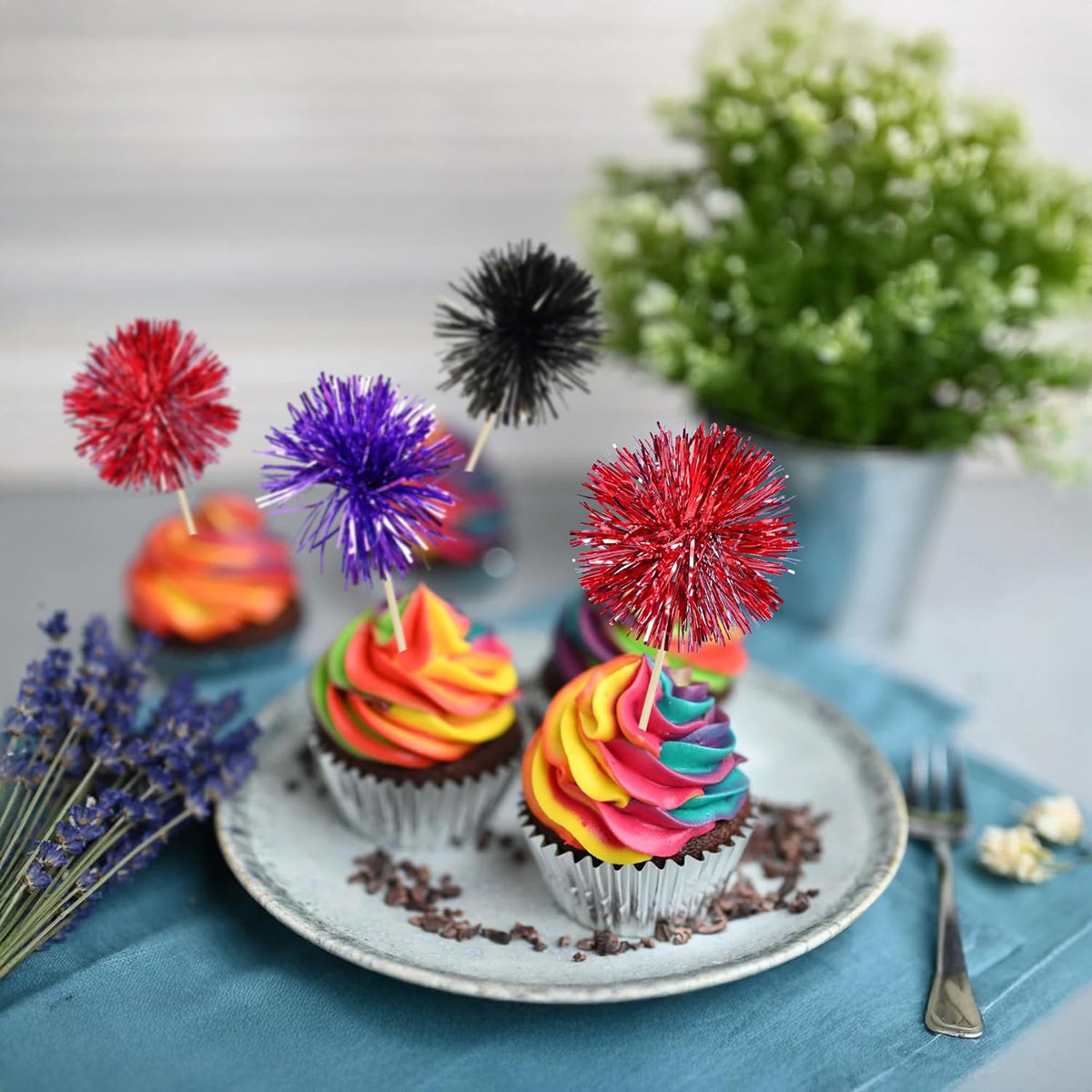 Gyufise 30Pcs Foil Firework Cupcake Toppers Sparkle Tinsel Cake Toppers Tinsel Drink Cake