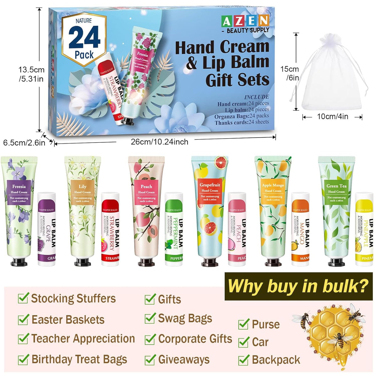 AZEN 24 Sets Bulk Gifts, Hand Cream and Lip Balm Bulk Set with Organza Bag Thank You Card, Baby
