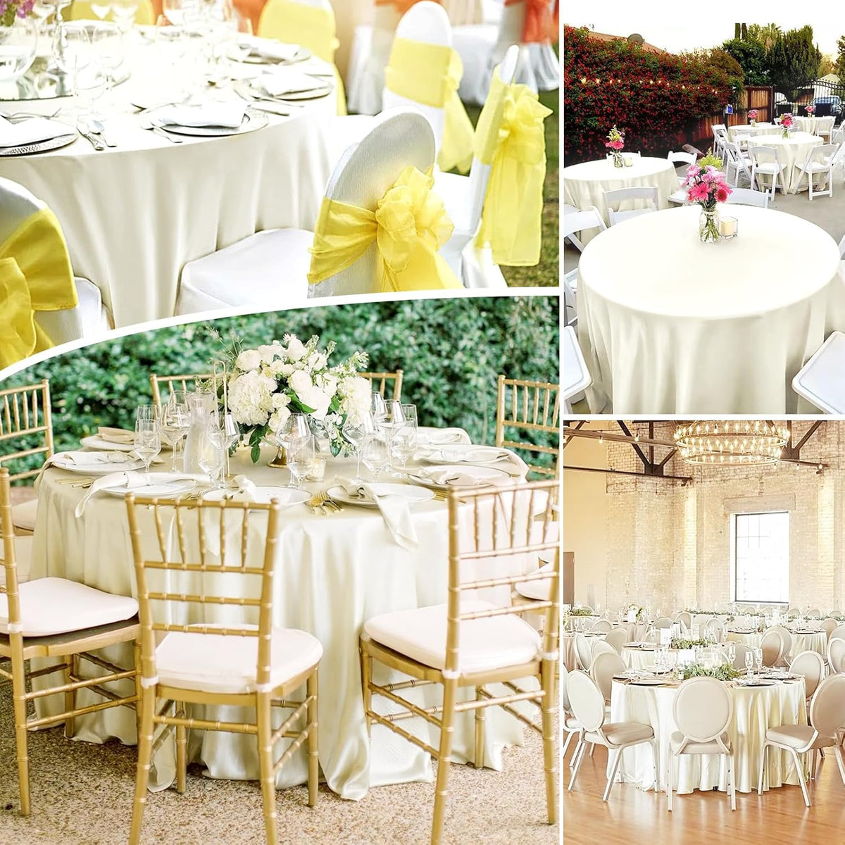 fani 12 Pack 120 Inch Ivory Satin Tablecloth - Premium Bright Silky Round Tablecloth Overlay Smooth