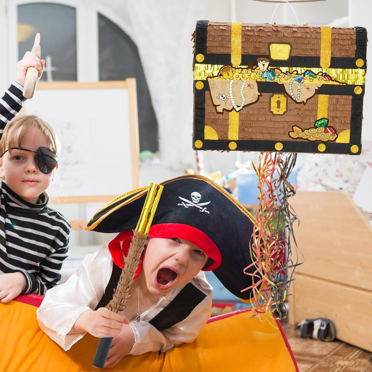 WERNNSAI Treasure Chest Piñata - Pull String Pirate Themed Piñata with Blindfold and Bat Adventure